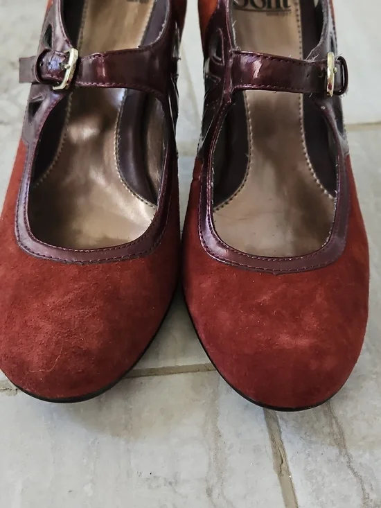 Sofft Burgundy Suede Mary Jane Heels Buckle Strap Pumps Vintage Style 7.5 - Picture 6 of 13